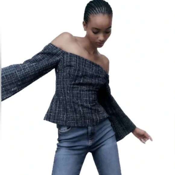 NWT ZARA Tweed Textured Off Shoulder Top Flare Sleeve 8741/257/030 Size SMALL - Picture 7 of 15